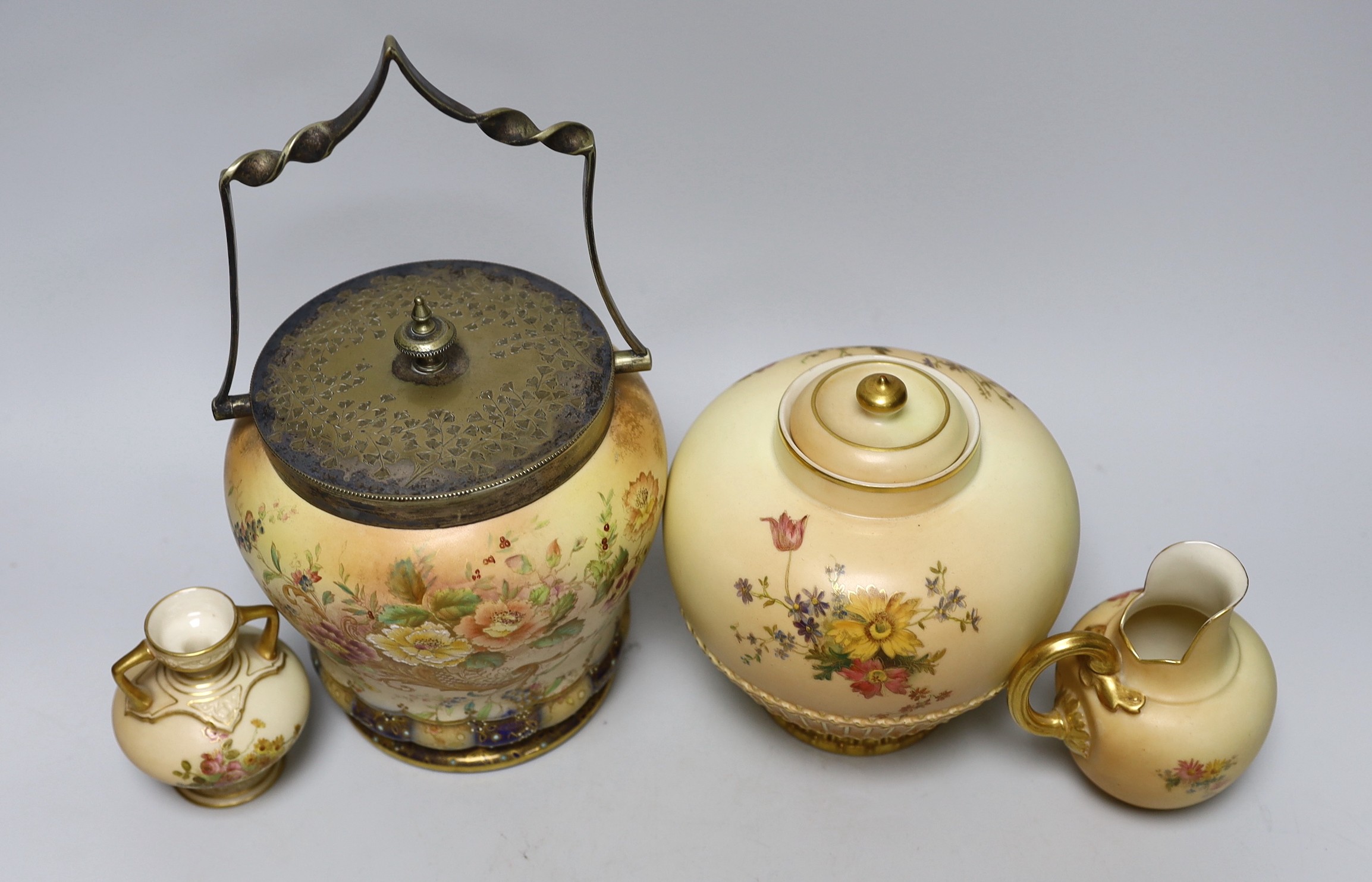 Three Royal Worcester blush vessels and a Carltonware biscuit barrel